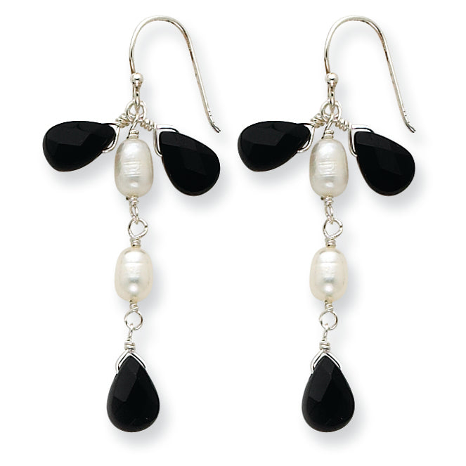 Sterling Silver Black Crystal/Freshwater Cultured White Pearl Earrings