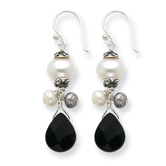 Sterling Silver Jet Crystal/FW Cultured White & Peacock Pearl Earrings