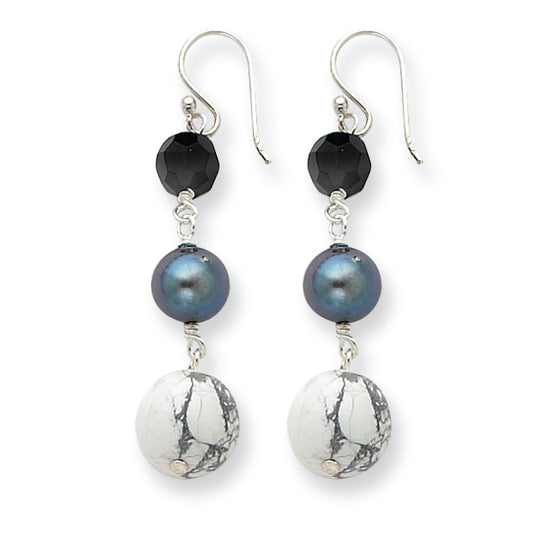 Sterling Silver Jet Crystal/Howlite & FW Cultured Peacock Pearl Earrings