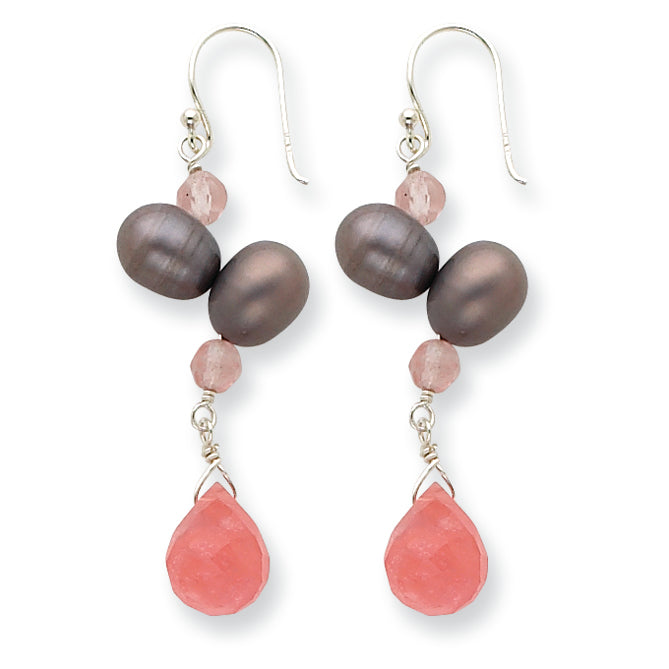 Sterling Silver Cherry Quartz & Grey Freshwater Cultured Pearl Earrings