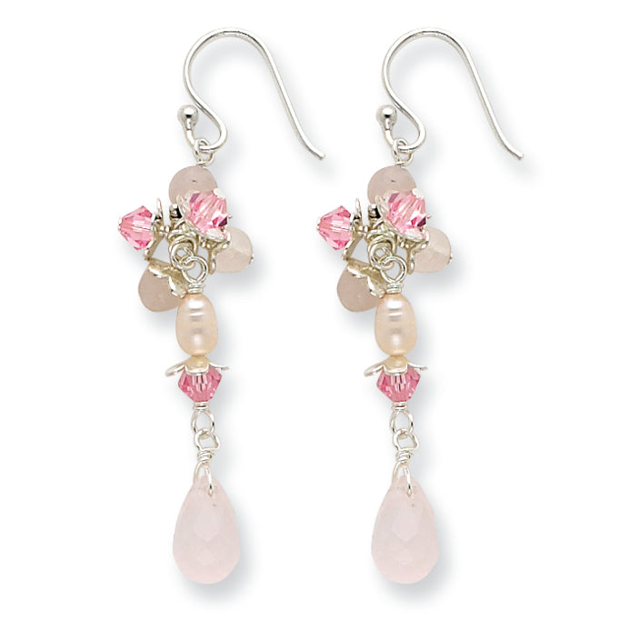 Sterling Silver Rose Crystal/Rose Quartz/FW Cultured Pink Pearl Earrings