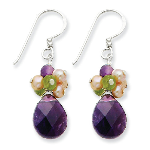 Sterling Silver Amethyst/Peridot/Peach Cultured Pearl Earrings