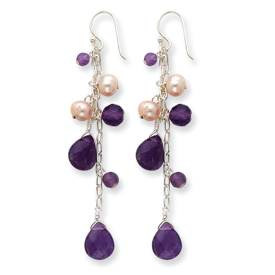 Sterling Silver Amethyst/Pink Cultured Pearl Dangle Earrings