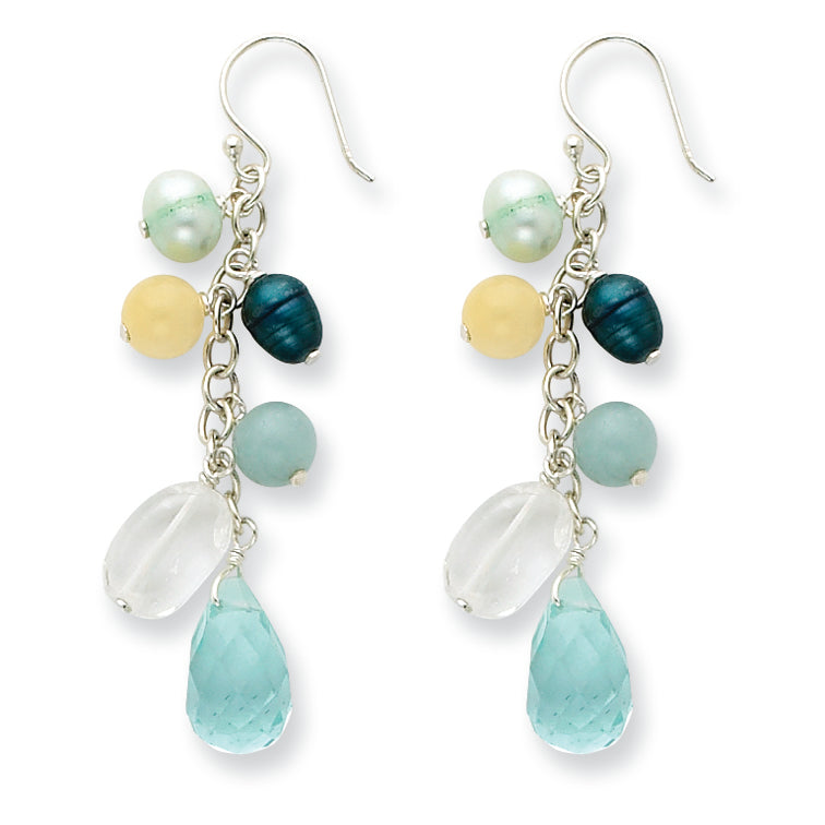 Sterling Silver Blue Crystal/Cultured Pearl/Green Agate/Jade Earrings