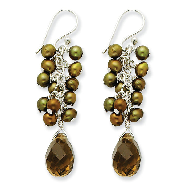 Sterling Silver Smokey Green Quartz/Golden Cultured Pearl Earrings
