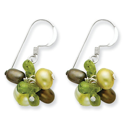 Sterling Silver Green Freshwater Cultured Pearls & Peridot Chip Earrings