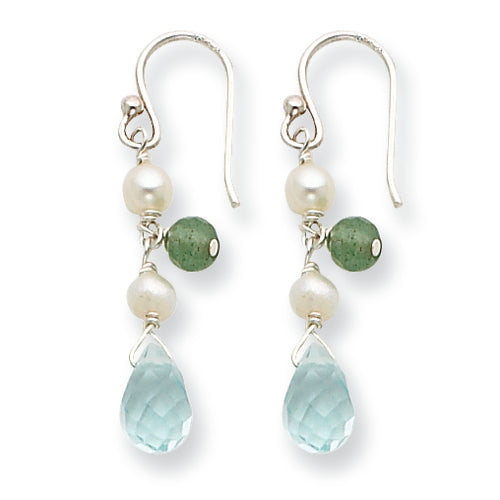 Sterling Silver Blue Crystal/White Cultured Pearl/Aventurine Earrings