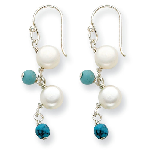 Sterling Silver FW Cultured Button Pearl/Howlite/Turquoise Earrings