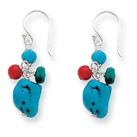 Sterling Silver Dyed Howlite/Turquoise/Red Coral Earrings