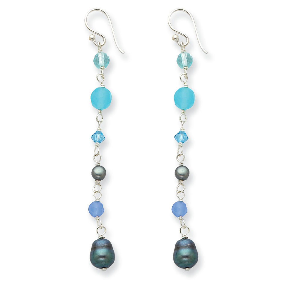 Sterling Silver Blue Agate/FW Cultured Pearl/Aqua Crystal Earrings