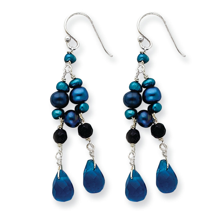 Sterling Silver Blue Goldstone/Blue Crystal/FW Cultured Pearl Earrings