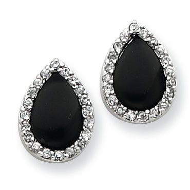 Sterling Silver Tear Drop Shape CZ and Onyx Earrings