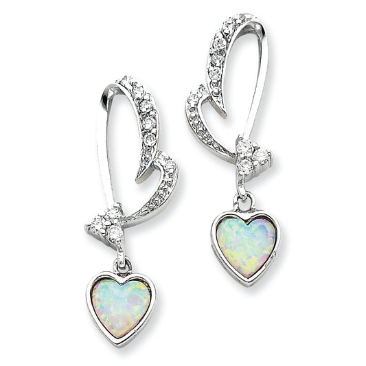 Sterling Silver Created Opal and CZ Heart Earrings