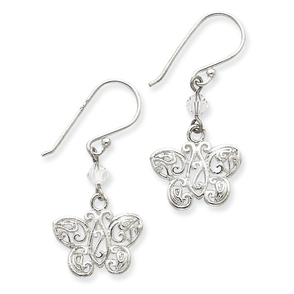 Sterling Silver CZ and Filigree Butterfly Dangle Earrings