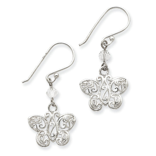 Sterling Silver CZ and Filigree Butterfly Dangle Earrings