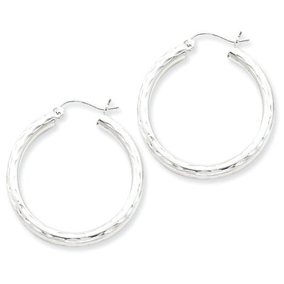 Sterling Silver 3.00mm Diamond-cut Hoop Earrings