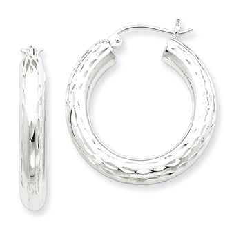 Sterling Silver 4.00mm Diamond-cut Hoop Earrings