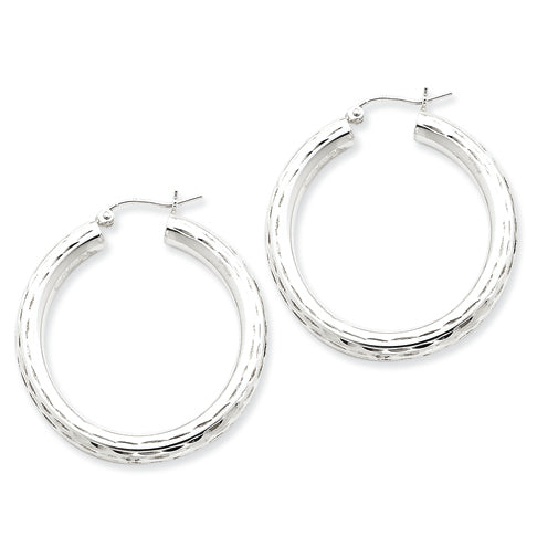 Sterling Silver 4.00mm Diamond-cut Hoop Earrings