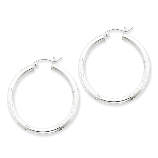 Sterling Silver 3.00mm Satin Diamond-cut Hoop Earrings