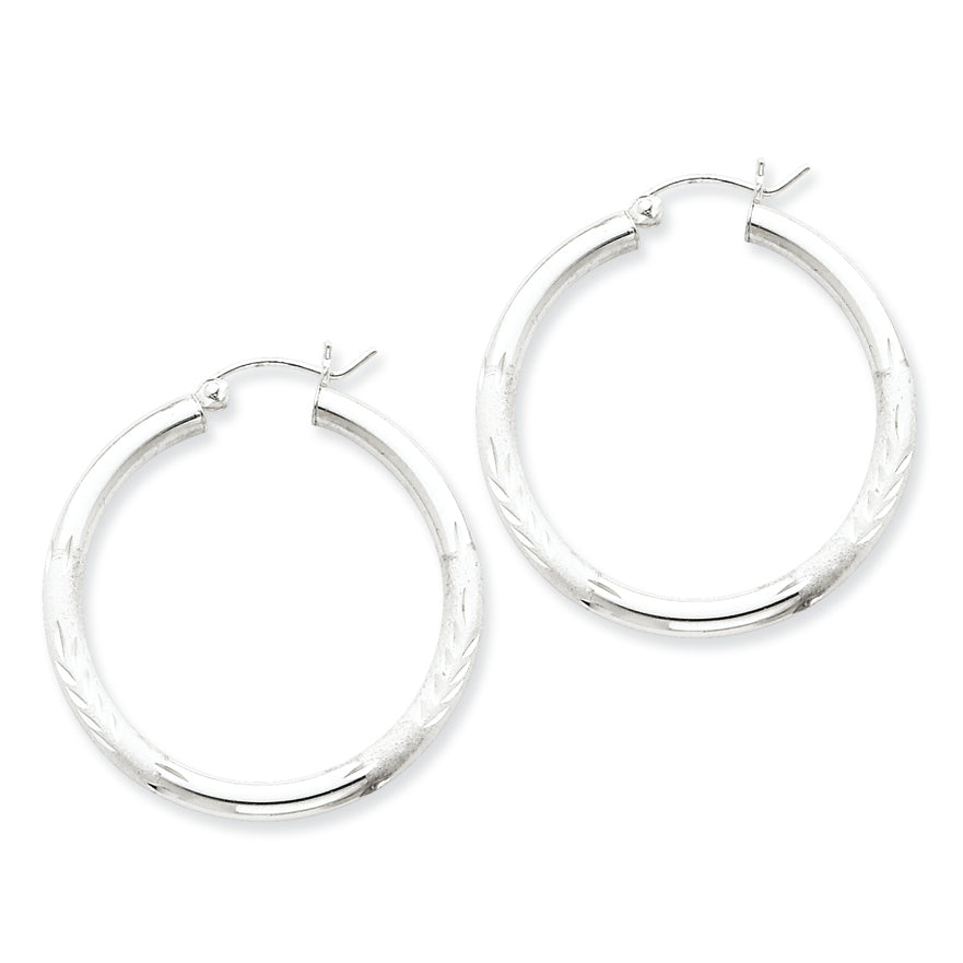 Sterling Silver 3.00mm Satin Diamond-cut Hoop Earrings