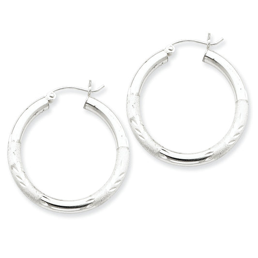 Sterling Silver 3.00mm Satin Diamond-cut Hoop Earrings