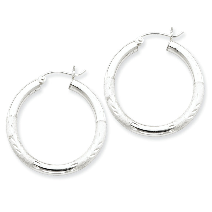 Sterling Silver 3.00mm Satin Diamond-cut Hoop Earrings