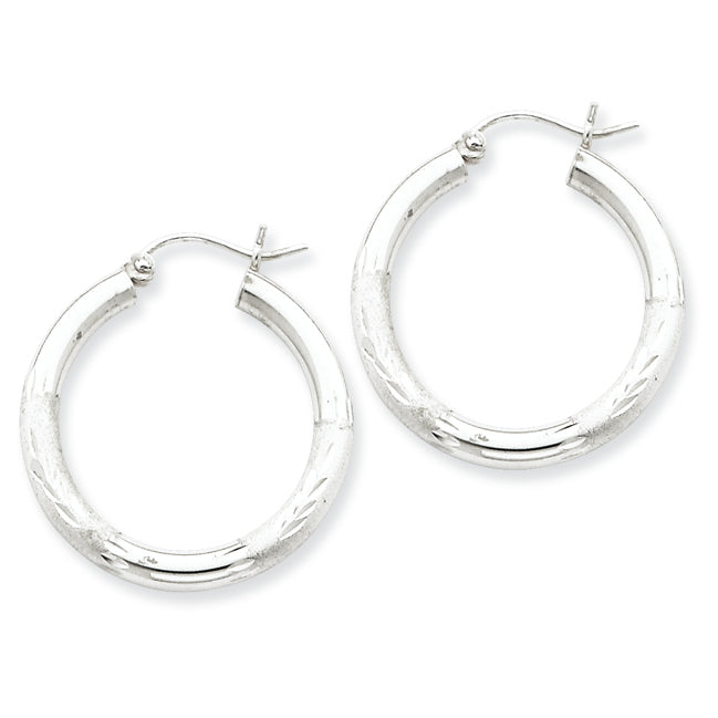 Sterling Silver 3.00mm Satin Diamond-cut Hoop Earrings