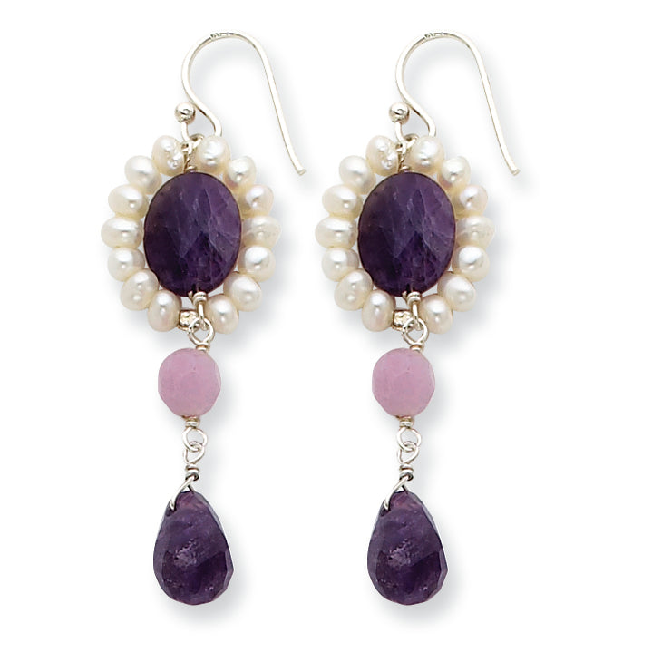 Sterling Silver Amethyst/Lavender Agate/Wh FW Cultured Pearl Earrings