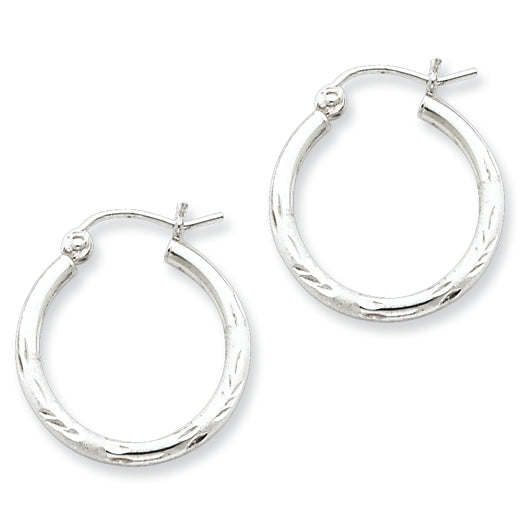 Sterling Silver 2mm Satin & Diamond Cut Hoop Earrings