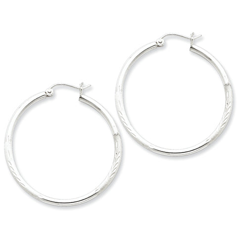 Sterling Silver 2mm Satin & Diamond Cut Hoop Earrings