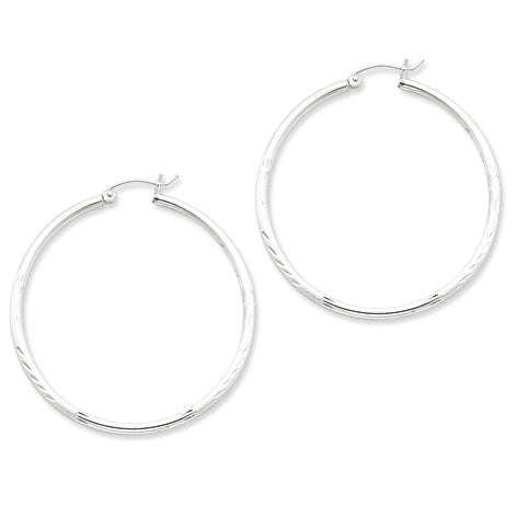 Sterling Silver 2mm Satin & Diamond Cut Hoop Earrings