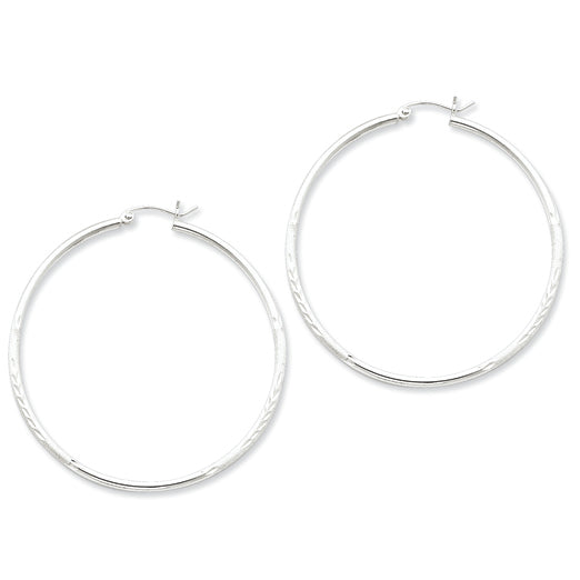 Sterling Silver 2mm Satin & Diamond Cut Hoop Earrings