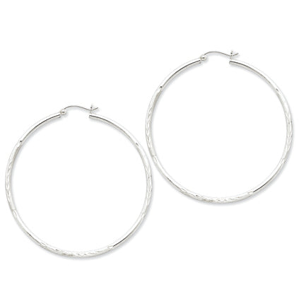 Sterling Silver 2mm Satin & Diamond Cut Hoop Earrings