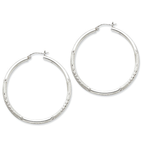 Sterling Silver 2.5mm Satin & Diamond Cut Hoop Earrings