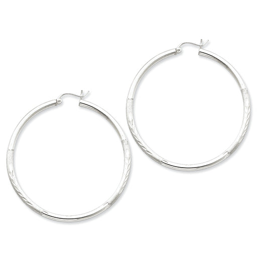 Sterling Silver 2.5mm Satin & Diamond Cut Hoop Earrings