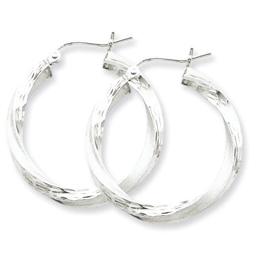 Sterling Silver 3.00mm Polished & Satin D/C Twisted Hoop Earrings