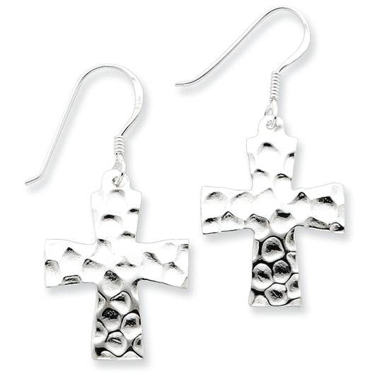 Sterling Silver Hammered Cross Dangle Earrings