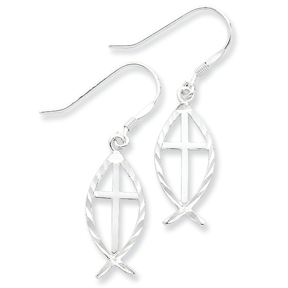 Sterling Silver Diamond Cut Cross w/Fish Earrings