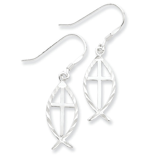 Sterling Silver Diamond Cut Cross w/Fish Earrings