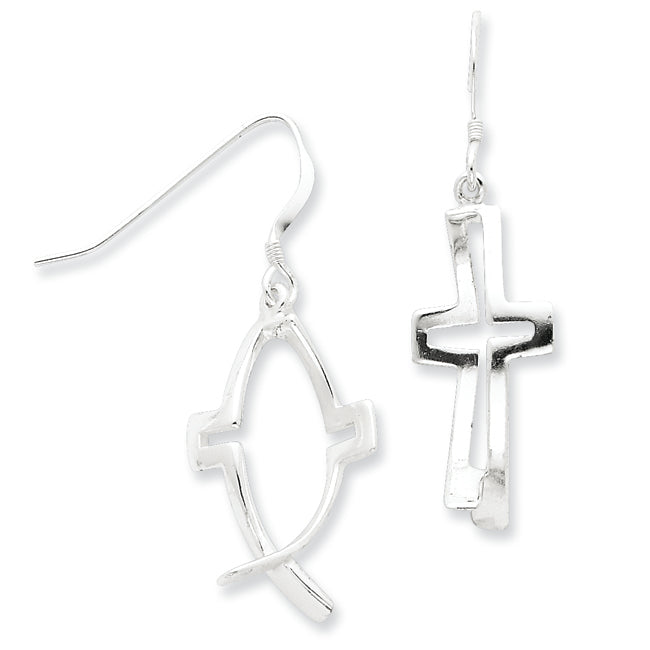 Sterling Silver Cross Ichthus Dangle Earrings