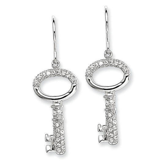 Sterling Silver CZ Key Dangle Wire Earrings