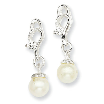 Sterling Silver CZ & Simulated Pearl Post Earrings