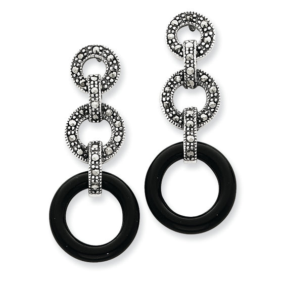 Sterling Silver Onyx & Marcasite Circles Post Earrings
