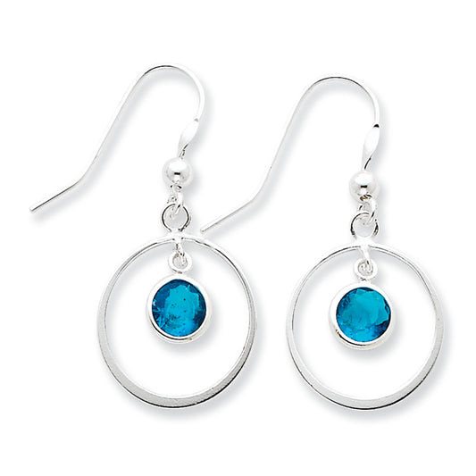Sterling Silver Circle Dangle Blue CZ Earrings