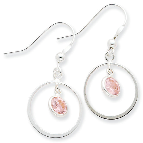 Sterling Silver Circle Dangle Pink CZ Earrings