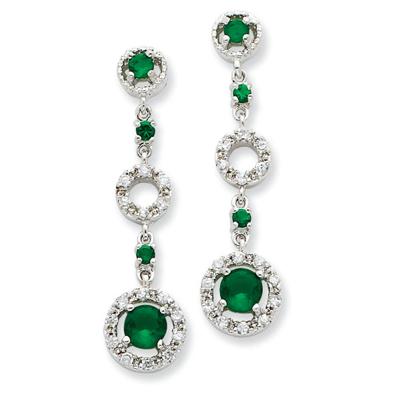 Sterling Silver Green Glass & CZ Dangle Post Earrings