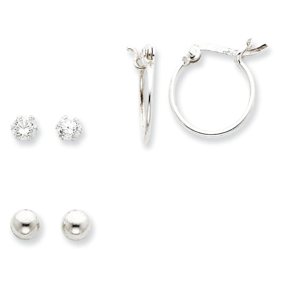 Sterling Silver CZ, Bead & Hoop Set Earrings