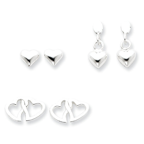 Sterling Silver 3 Pair Set Heart Earrings