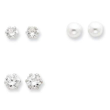 Sterling Silver Sm & Lg CZ & Cultured Pearl Set Earrings