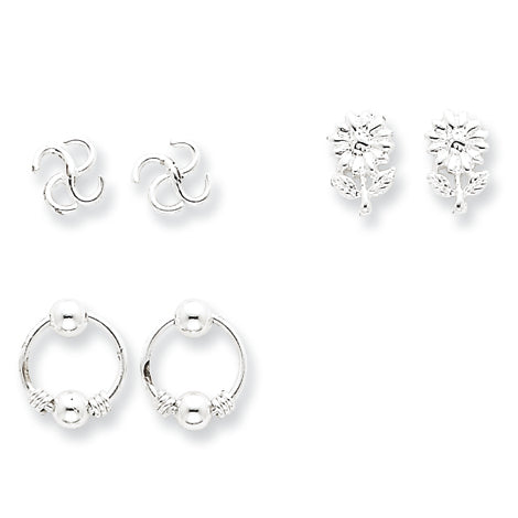 Sterling Silver 3 Pair Set Swirl, Flower & Hoop Earrings